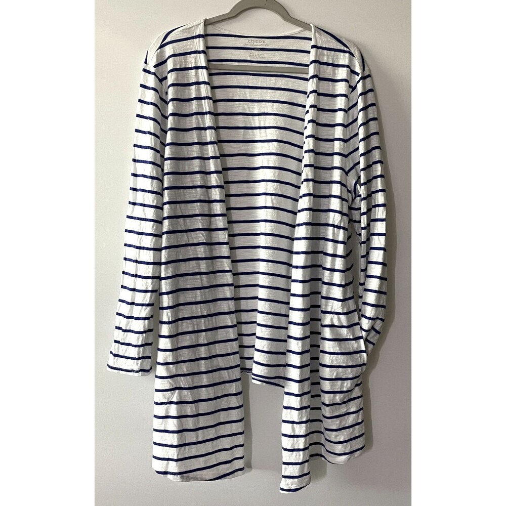 Chico's Open Front Long Sleeve Striped Cardigan White Blue Size 3, XL -(dmp)